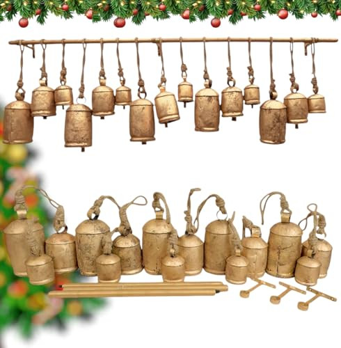 Decorative Bells Mantel Christmas Decor Farmhouse Rustic Cowbells Hangingbell with Rod, Ornament Set of 15 XXL Large Giant Harmony Bells, Vintage Rustic Tin Metal | Amazon (US)