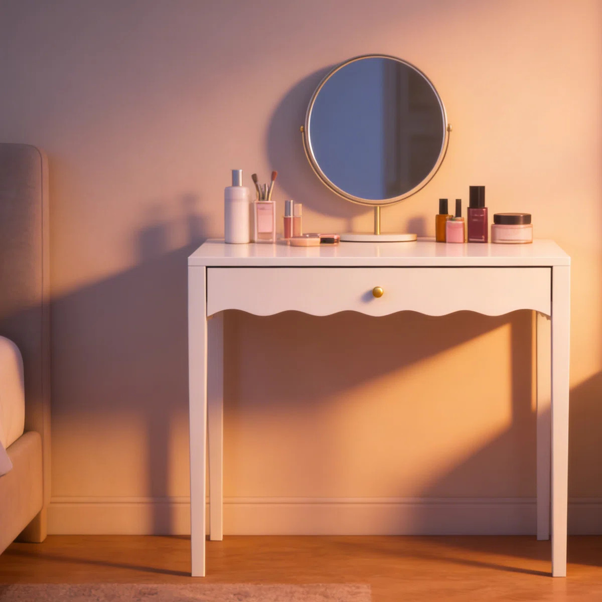35.43" Modern Writing Table With Unique Scalloped Design, Vanity Desk With Drawer, Gold Knob & 4 ... | Wayfair North America