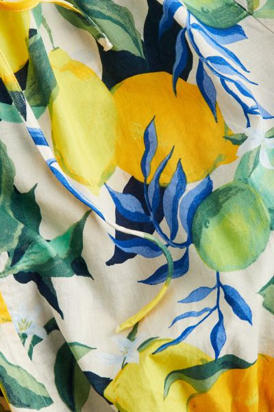 Balloon-sleeved Blouse - Round Neck - Long sleeve - Cream/lemons - Ladies | H&M US | H&M (US + CA)