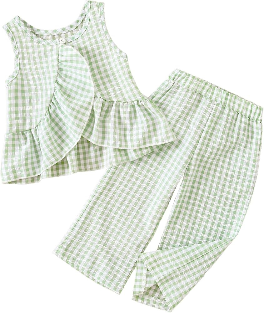 Weebaby Toddler Girl Clothes Infant Summer Outfits Baby Ruffle Tank Top Gingham Loose Pants Kid B... | Amazon (US)