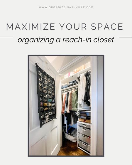 What I used to maximize this small reach in closet! If you have a small closet, reads the full post and check out the products we used to optimize this space:

Slimline velvet hanger
Hanging Jewelry organizer
Elfa drawer base
Woven basket with handles
Canvas bins
Closet rod dividers
Bin clip labels 