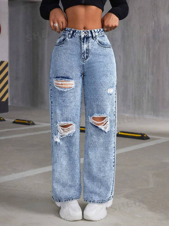 SHEIN ICON Straight Leg Distressed Jeans | SHEIN