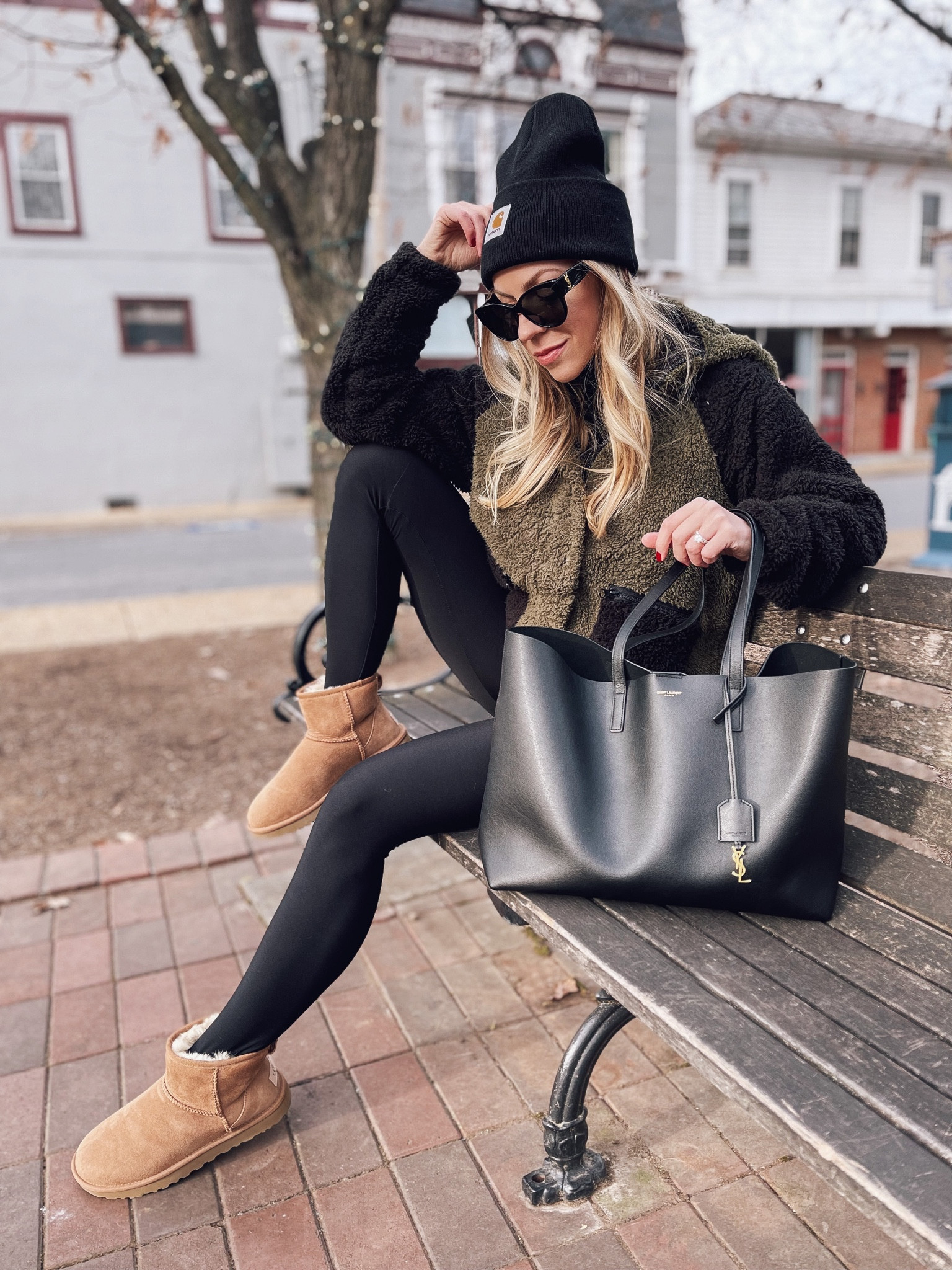 Casual winter outfit, Amazon fleece-lined leggings, fleece hoodie, Ugg mini boots, YSL tote bag, Carharrt beanie hat

#LTKshoecrush #LTKSeasonal #LTKunder50