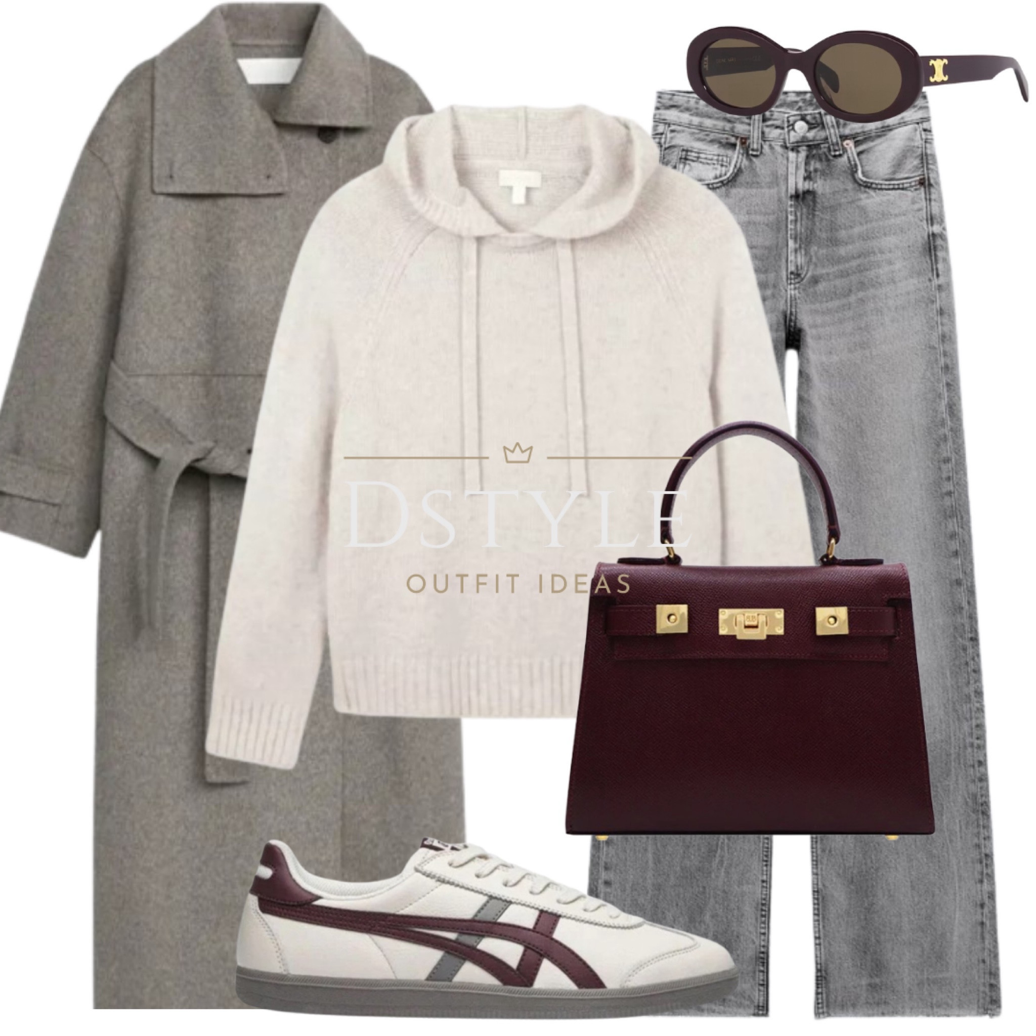Cozy chic vibes with a touch of sophistication! ☁️ Loving this cloud marl hooded sweater paired with a mole wool coat and wide-leg grey jeans. Accessorized with a wine leather handbag and Onitsuka Tiger shoes in white/burgundy/grey, topped off with matching Celine sunglasses. #OOTD #WinterStyle

#LTKitbag #LTKfindsunder50 #LTKshoecrush