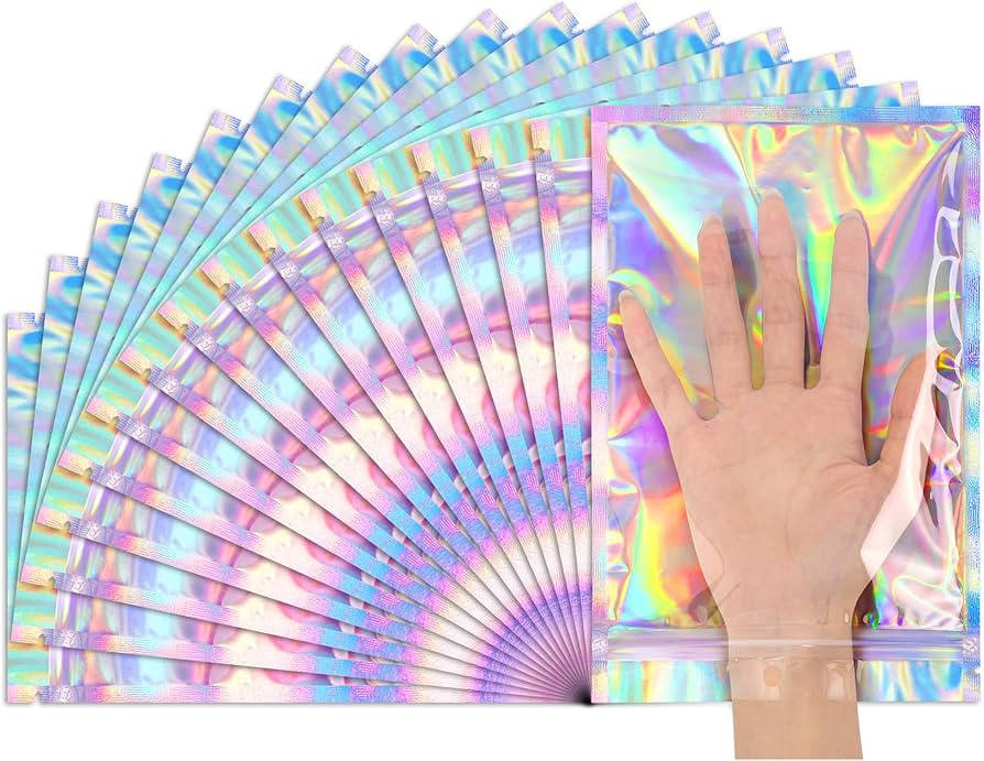 Funfery 6.3x9.4in Smell Proof Holographic Resealable Bags,Mylar Foil Bags with Zipper,Iridescent ... | Amazon (US)