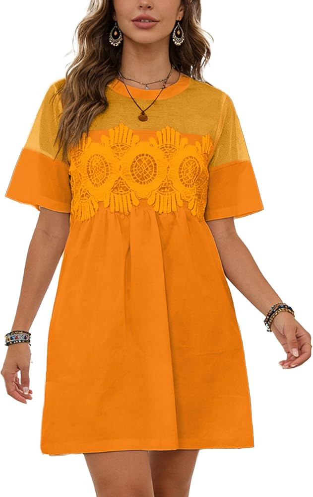 HOWALOOK Womens Babydoll Short Sleeve Mini Dress Trend Lace Detail Crew Neck Sheer Mesh Swing Shi... | Amazon (US)