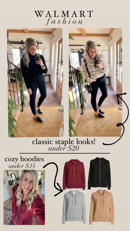 Classic staple looks for under $20 from @walmartfashion! 
•black denim skinny jeans (worn these for over a year and still love them!)
•neutral sweater I’ve been wearing lots, dresses up or down - only $20!
• basic turtlenecks- lots of colors! Only $14.99! 

Also, these cozy hoodies are such a good go-to sweatshirt for under $15! Size up if you want a cute oversized look! 

#walmartfashion #walmartwomensclothes #walmartpartner #walmartfinds 
#sweatshirtseason #staplepieces #blackdenim 
