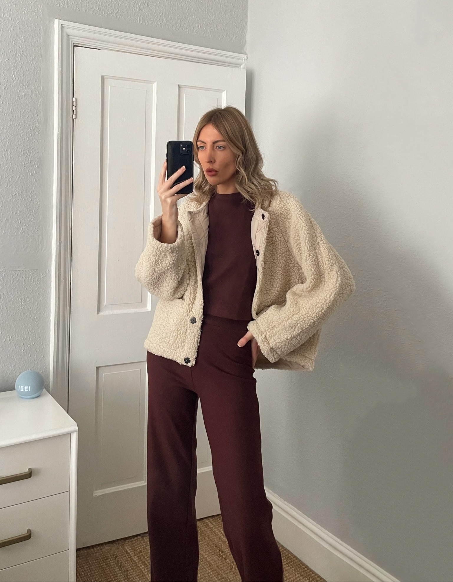 Wearing a size small in the teddy jacket from ASOS and a size xs in the chocolate co ord. the top is currently out of stock but the trousers are still available 

#LTKSeasonal #LTKfindsunder100 #LTKstyletip