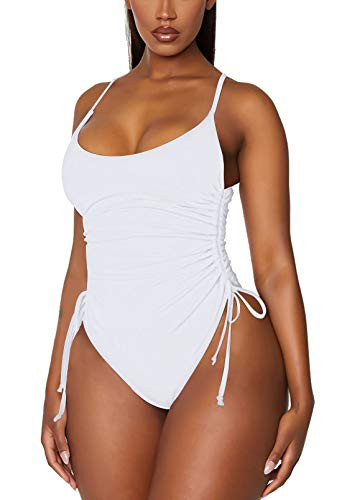 Viottiset Women's Ruched Drawstring One Piece Swimsuit Tummy Control Bathing Suit White Large | Amazon (US)