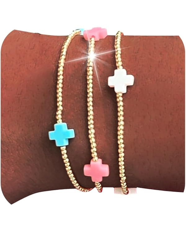 choice of all Gold Bracelets for Women Trendy Beaded Bracelet Non Tarnish Stack Cross Pearl Beade... | Amazon (US)