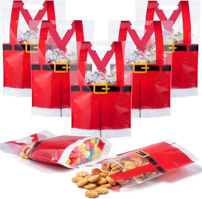 Shemilly 60pcs Christmas Treat Bags,Christmas Plastic Resealable Candy Gift Bag with Handle,Trans... | Amazon (US)