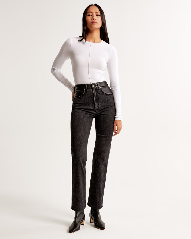 Women's Mixed Fabric Ultra High Rise Ankle Straight Jean | Women's Clearance | Abercrombie.com | Abercrombie & Fitch (US)