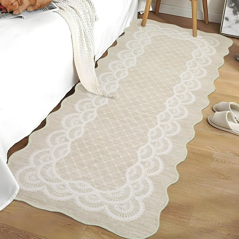 Hasoo Scalloped Runner Rug 2x6 Non-Slip Washable Low Pile Border Print for Kitchen Indoor Beige | Walmart (US)