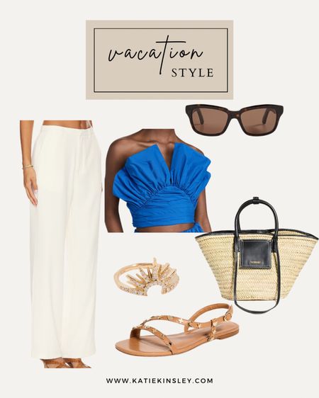 Vacation style, resort wear, statement top, white pants, beach tote, black sunglasses, gold starburst ring, tan sandals

#LTKTravel #LTKItBag #LTKStyleTip