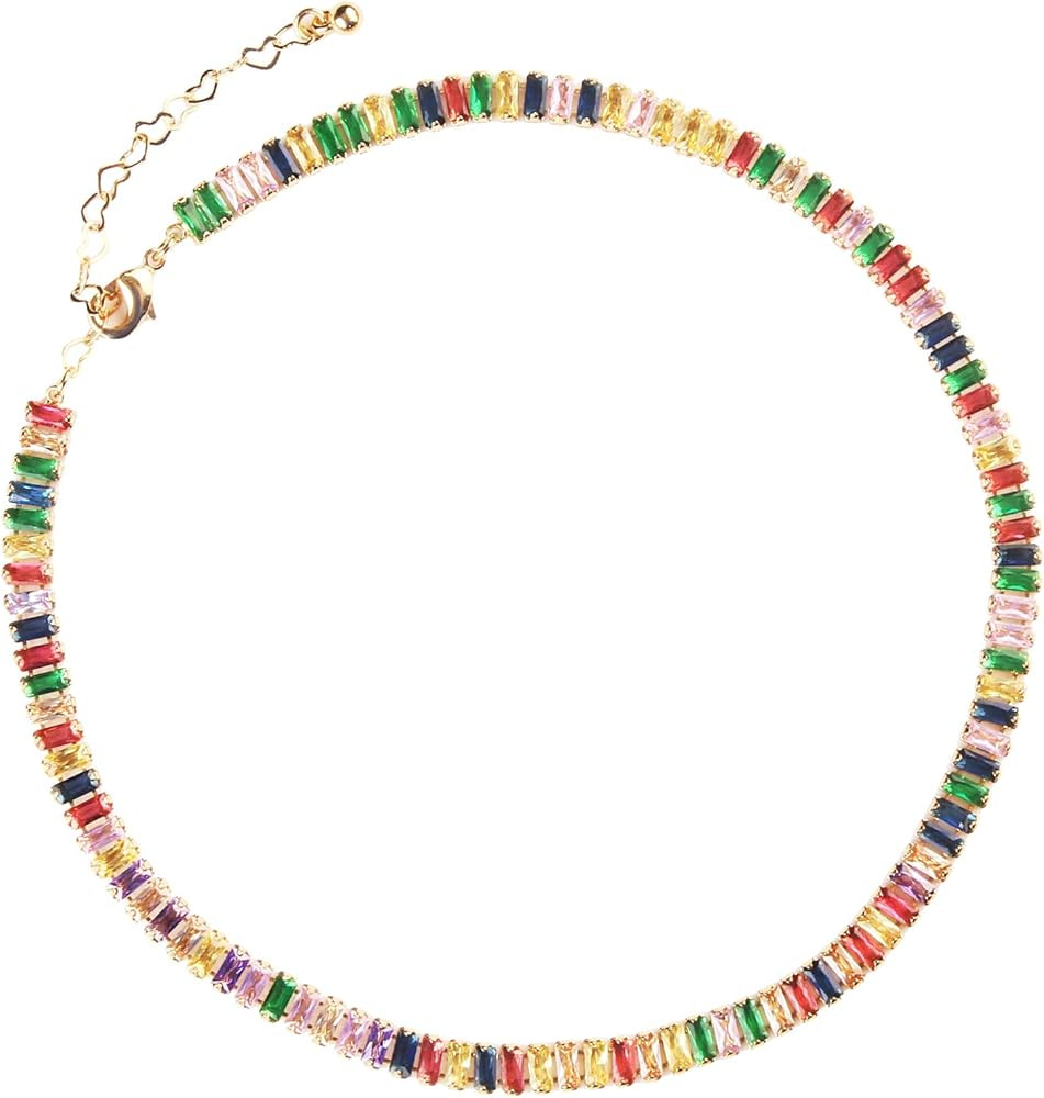 14k Gold plated Multicolor Gems Necklace Baguette Rainbow Necklace Colorful 5A Cubic Zircon Jewle... | Amazon (US)