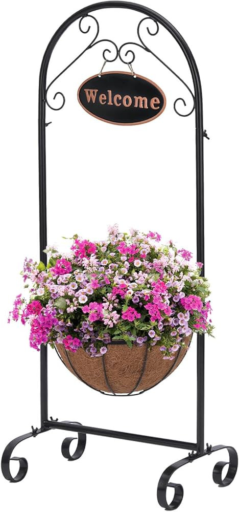 Metal Welcome Planter Basket Stand with Coco Liner, 39.5” Hanging Planter Stand with Decorative... | Amazon (US)