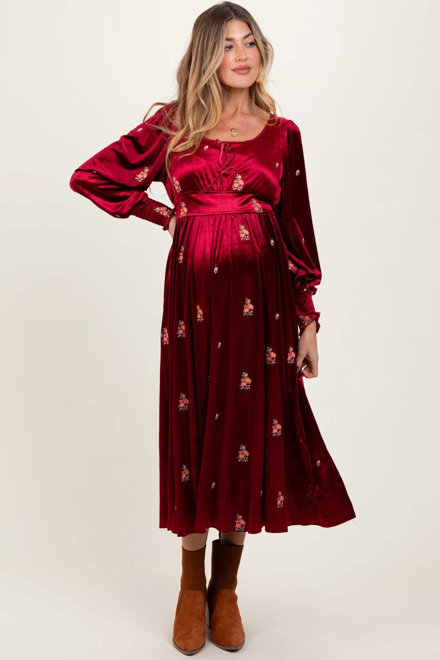 Red Velvet Embroidered Floral Maternity Midi Dress | PinkBlush Maternity