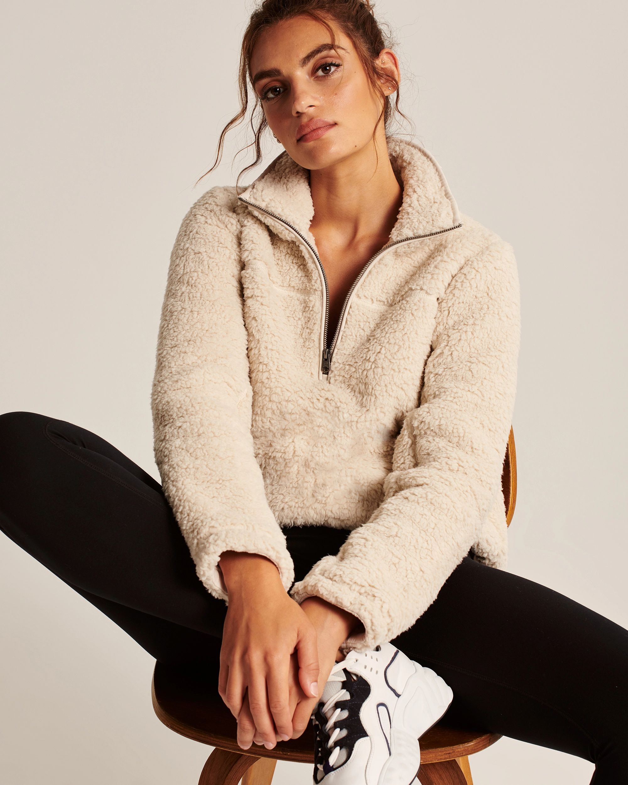 Sherpa Half-Zip Faux Leather-Trim Sweatshirt | Abercrombie & Fitch (US)