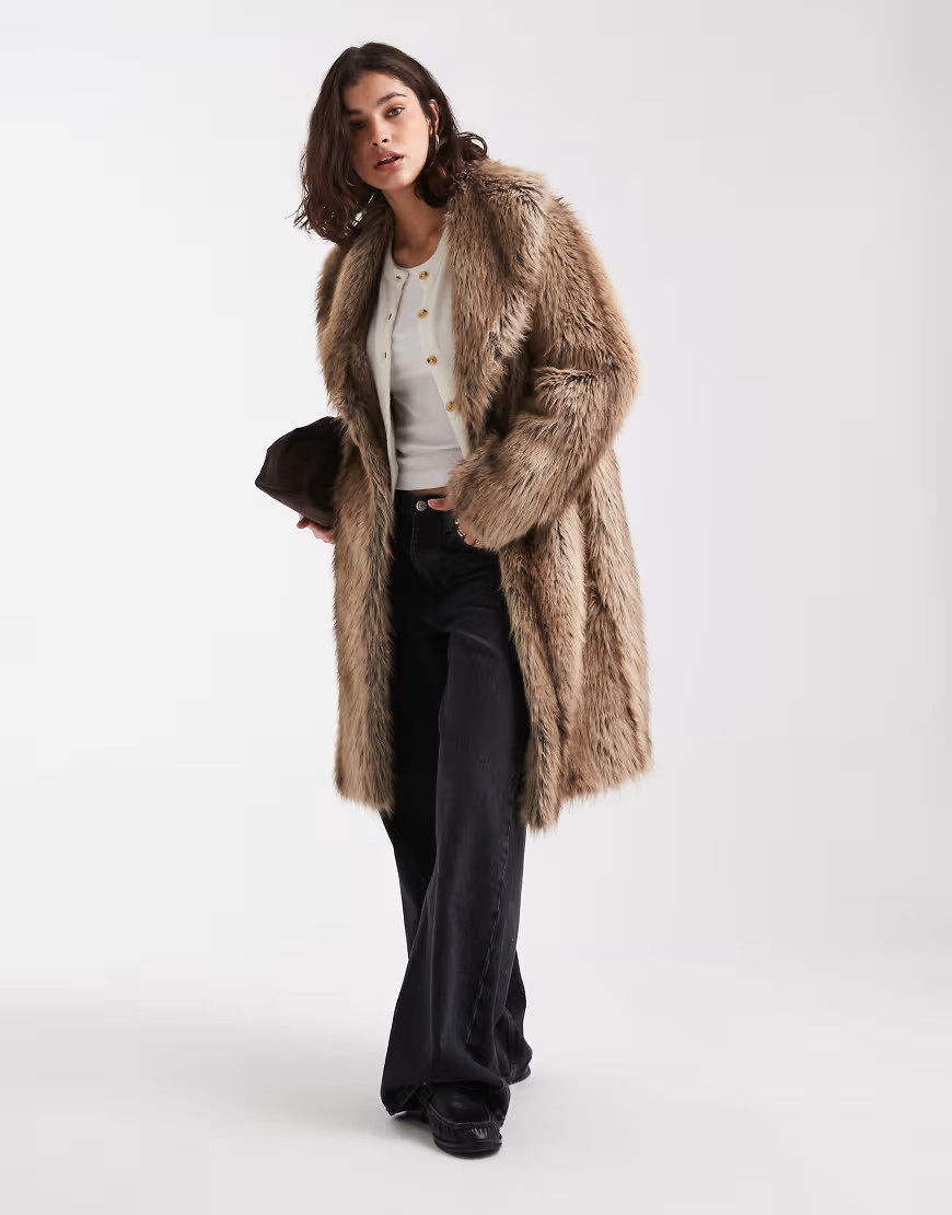 New Look faux fur coat in mixed brown pattern | ASOS (Global)