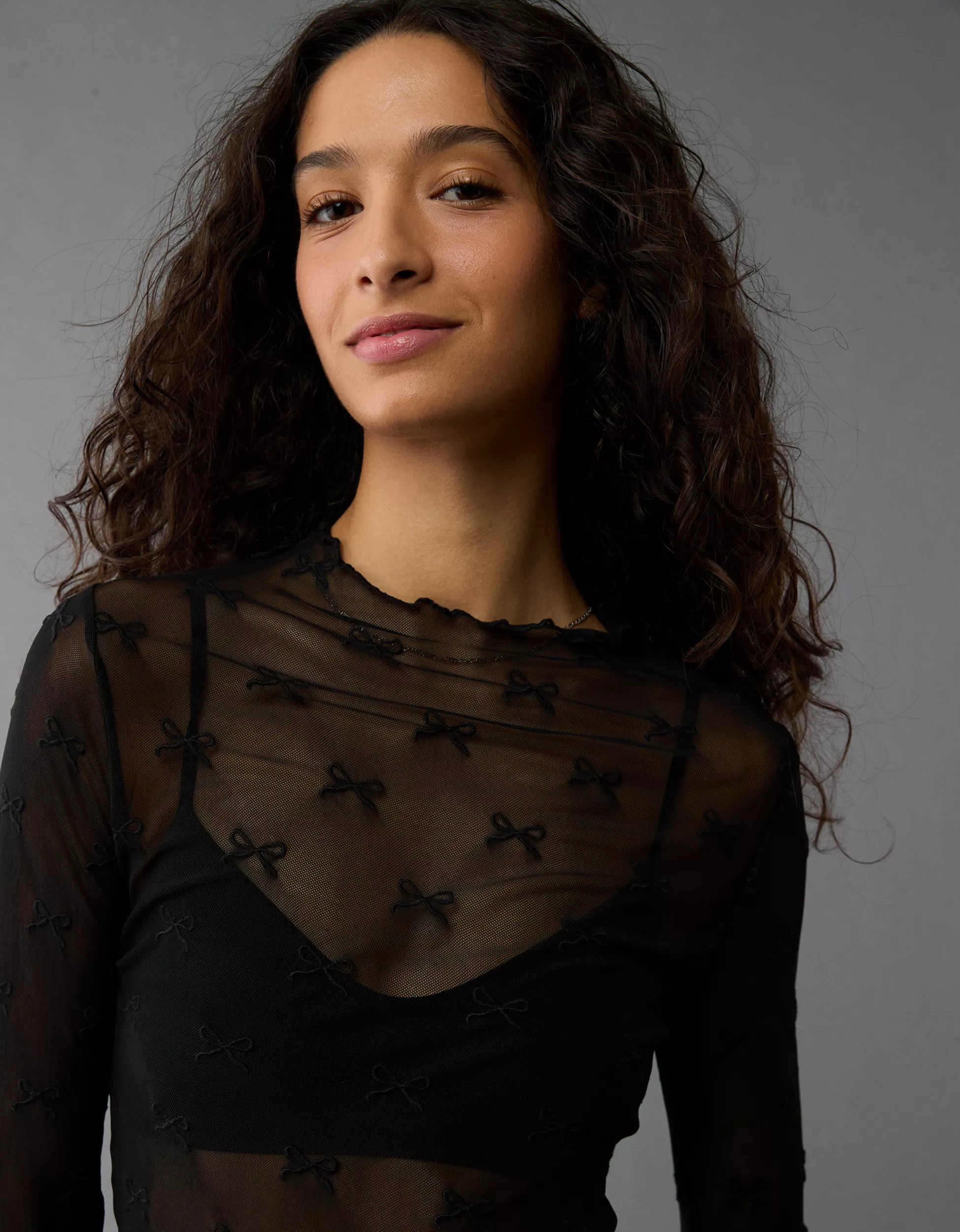 AE Long-Sleeve Mock Neck Mesh Bow T-Shirt | American Eagle Outfitters (US & CA)