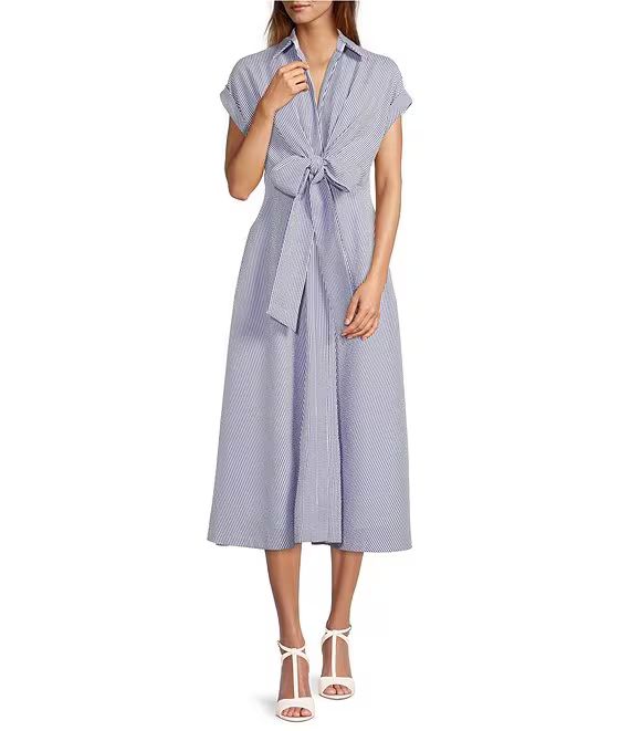 x Kimberly Whitman Kate Button Front Point Collar Short Roll Cuff Sleeve Tie Front Seersucker Str... | Dillard's