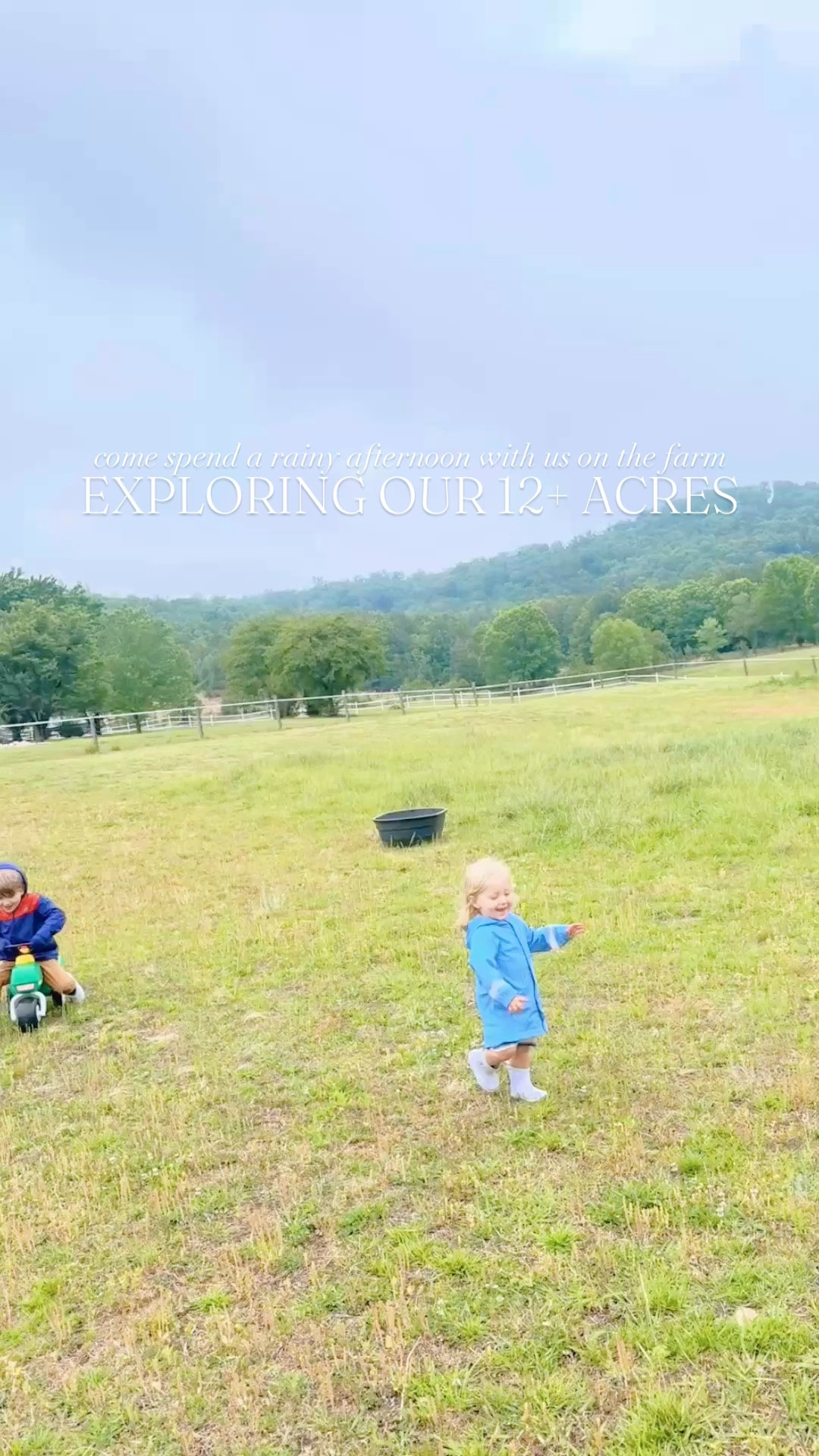 A rainy day well spent exploring the pastures and land on the farm and living my actual childhood dream come true 🌼🌾🌳☔️💭🪻💦 #ourfarmsweetfarm #foreverhomeandfarm 

These country cuties got to wear their new matching baby blue rain 🌧️ boots 🥾 (linked 🔗 for y’all over on my LTKit app 🛍️- I get so many questions about them!) and were as cute 🥰 as can be!! 🤭 Splish splashing 💦 in the black feed tub filled with water 💧, picking wildflowers by the barn 🪻🌸, chasing Red 🐶 through the pastures 🌾🌱, checking on our chickadees 🐓 and garden 🪴(thriving 🤩 with all this rain ☔️!!), and just living their best life!!! 🌳 

I told my friend the other day, but it truly feels like we are just **scratching the surface** on these beautiful 12 acres of heaven 🌳🌿 - just so much to see and explore between the barns and run-in buildings, trails in the pastures and trees… and we truly couldn’t be more grateful the Lord saw it fit to plant 🌱 our family here!! 🌼 Such a gift from above and the childhood I always dreamed 💭 of giving our babies!! 👶🏼🩵 #thankyoujesus #immeasurablymore #countrychildhood 

#LTKmomlife #LTKdayinmylife #LTKKids