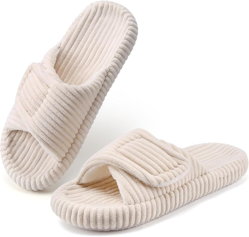 Womens Open Toe Slippers with Arch Support,Corduroy Indoor House Slippers Adjustable Comfort Bedr... | Amazon (US)