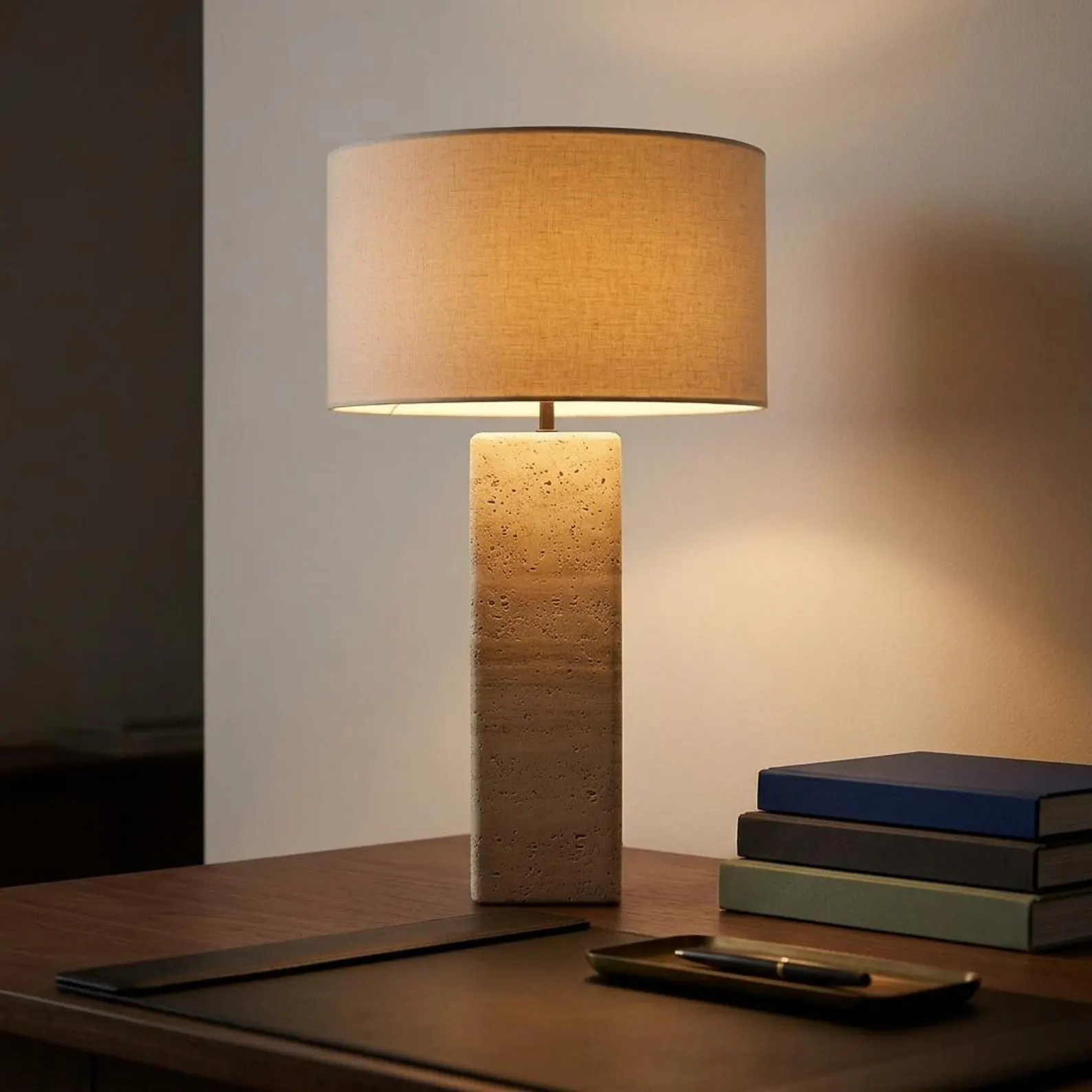 Wabi Sabi Table Lamp Travertine Stone Base, Japanese Fabric Shade Bedside Light, Minimalist Desk ... | Etsy (Global)