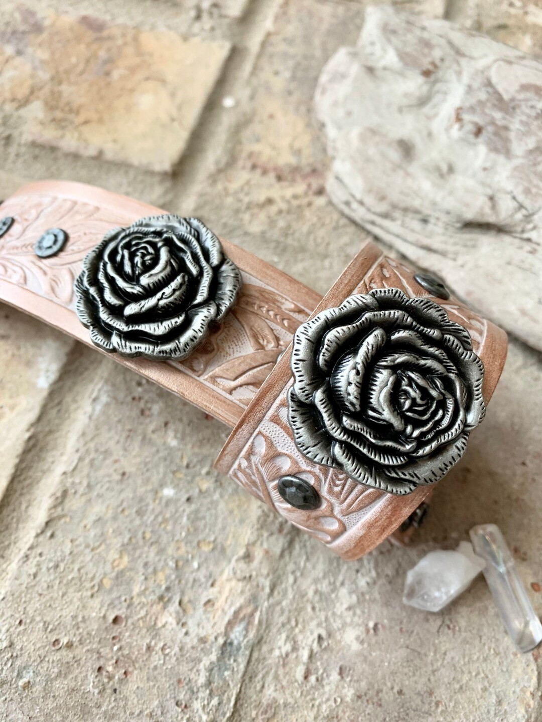 Rose Gold Leather Cuff With Rose Concho, Handmade Gifts for Her - Etsy | Etsy (US)