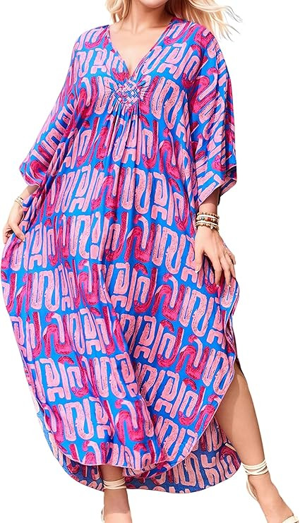 cthseie Plus Size Women’s Kaftan Dress V-Neck, Batwing Sleeve Beach Cover Up for Vacation, Ligh... | Amazon (US)