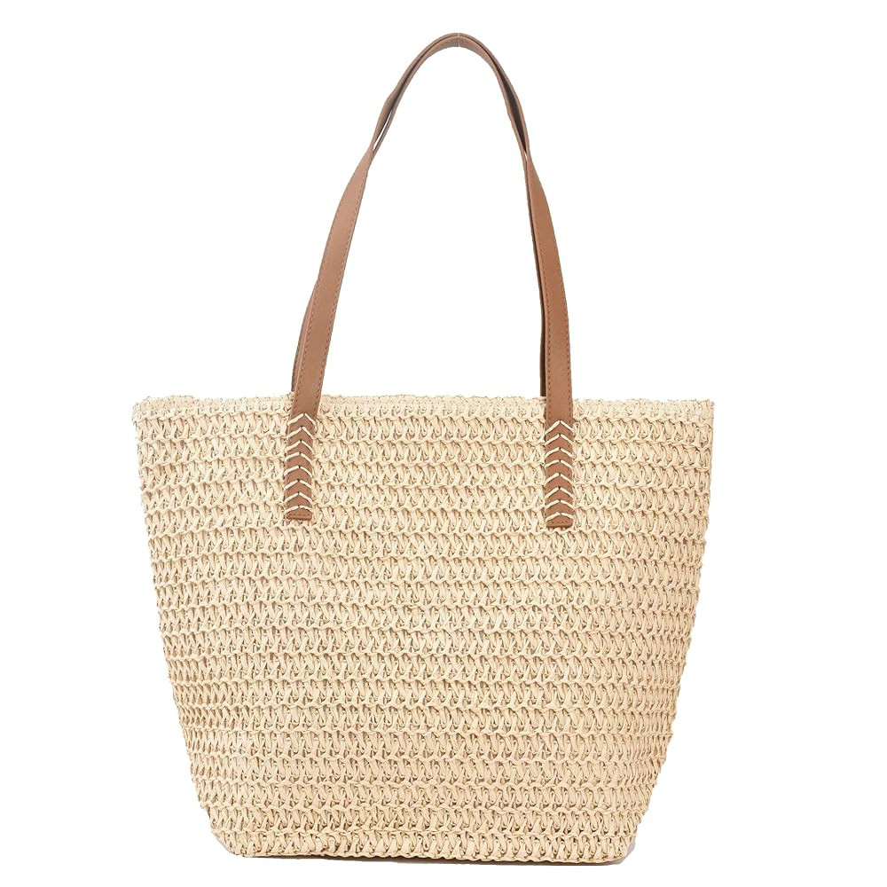 Large Straw Beach Bag for Womens, Straw Handbag Woven Tote Bag With Zipper Summer Shoulder Bag | Amazon (US)