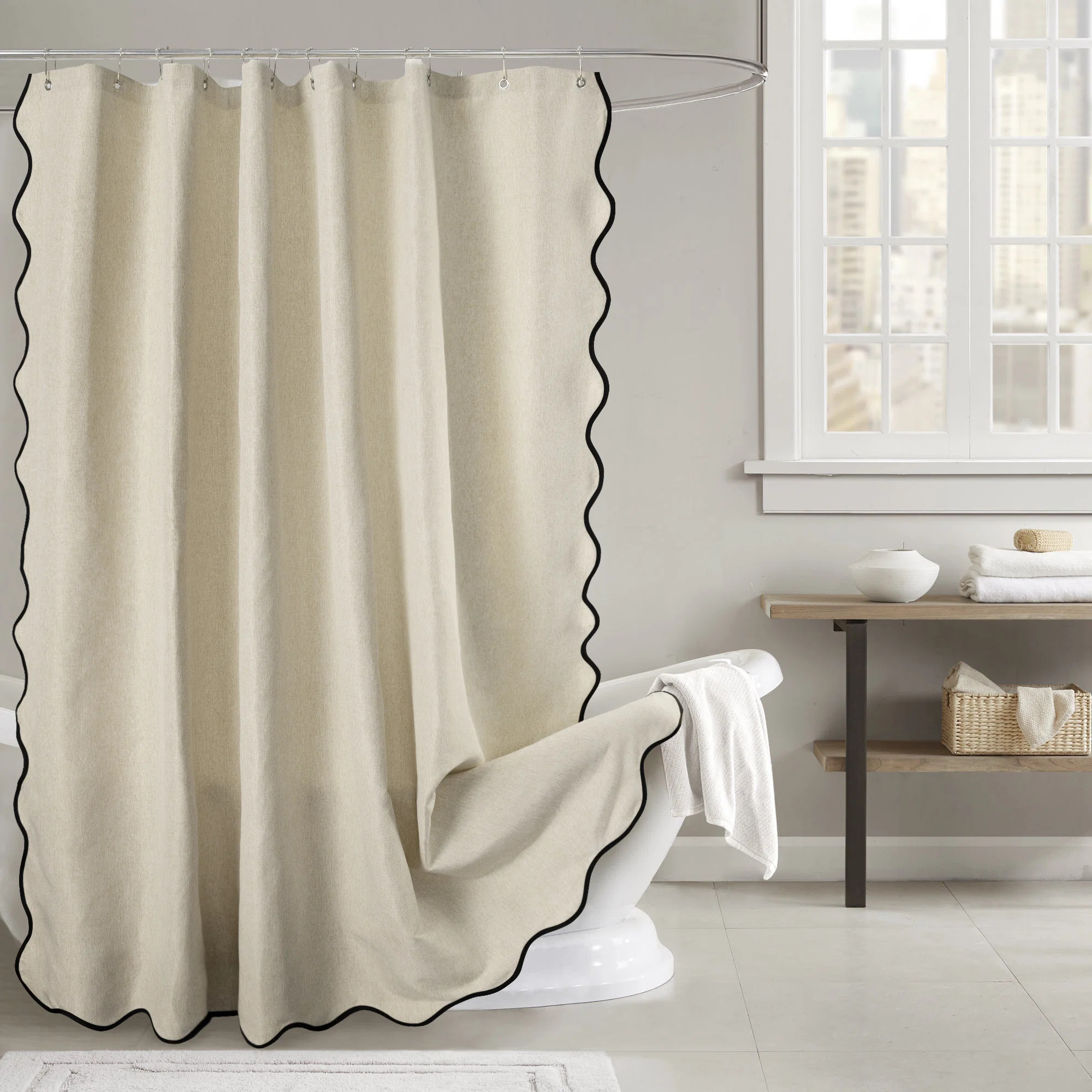 Ebern Designs Farmhouse Linen Textured Scalloped Edge Shower Curtain & Reviews - Wayfair Canada | Wayfair North America