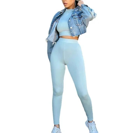 Women s 2 Pieces Workout Outfits Tracksuit Set Long Sleeve Sports Crop Top Bodycon Legging Pants Yog | Walmart (US)