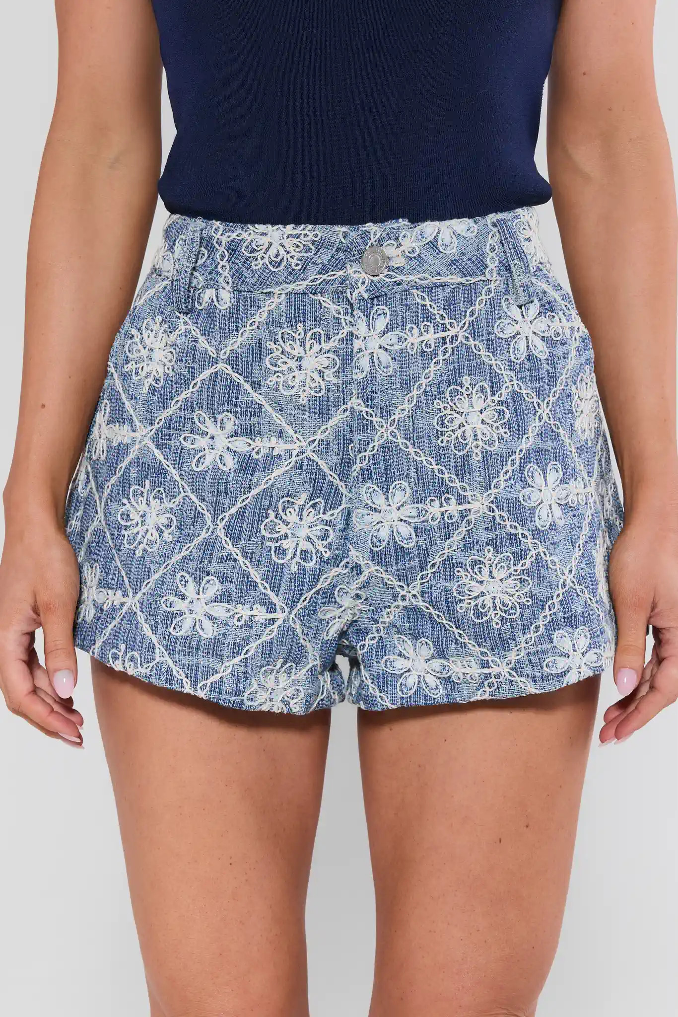 Blue Embroidered Tailored Shorts | Avara