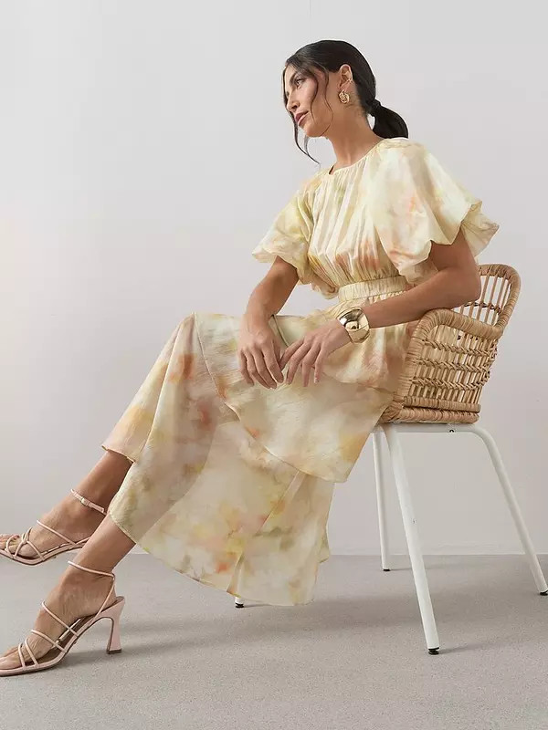 The Very Collection Short Sleeve Waist Detail Tiered Midi Dress - Print | Very (UK)