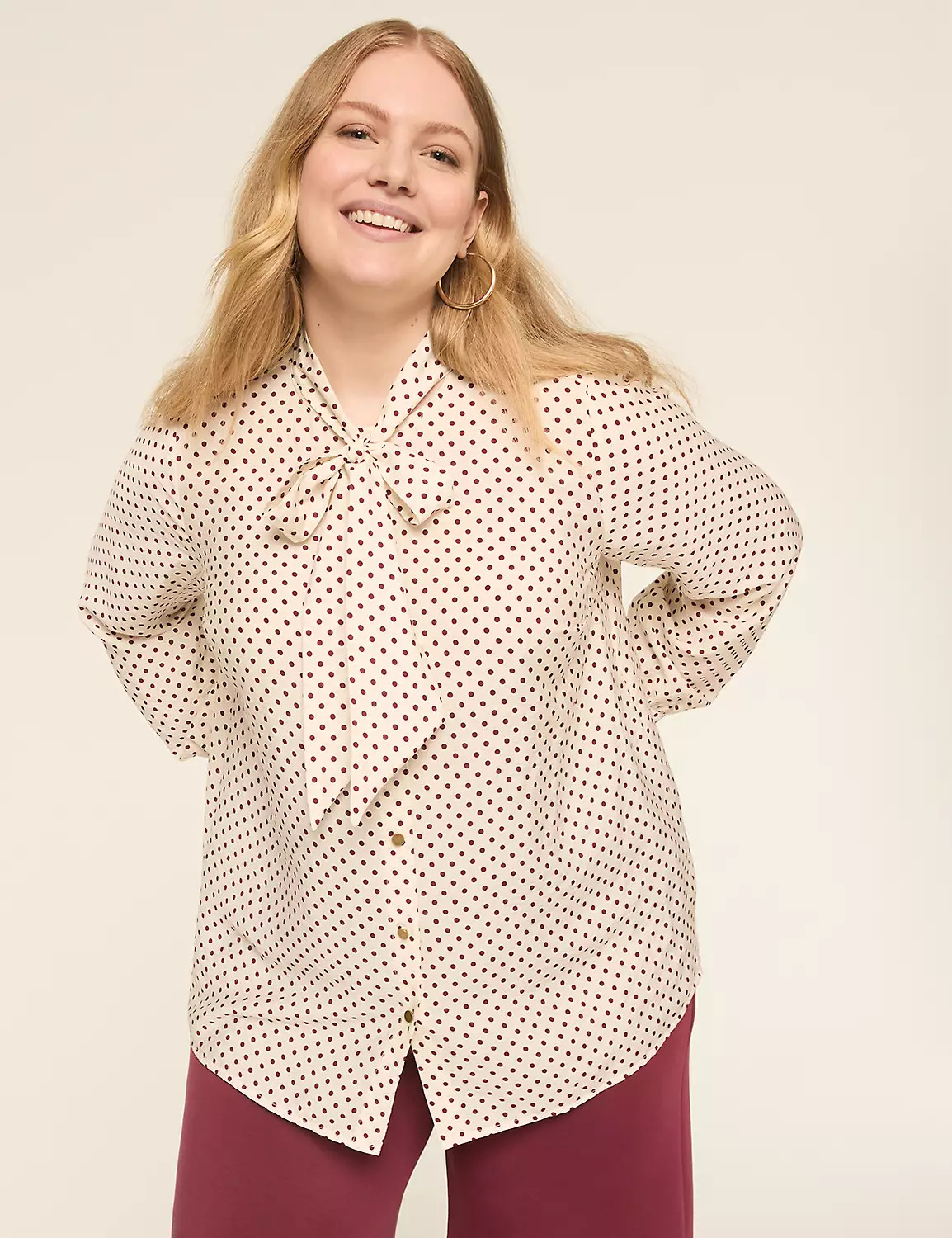 Classic Long Sleeve Tie Neck Button | LaneBryant | Lane Bryant (US)