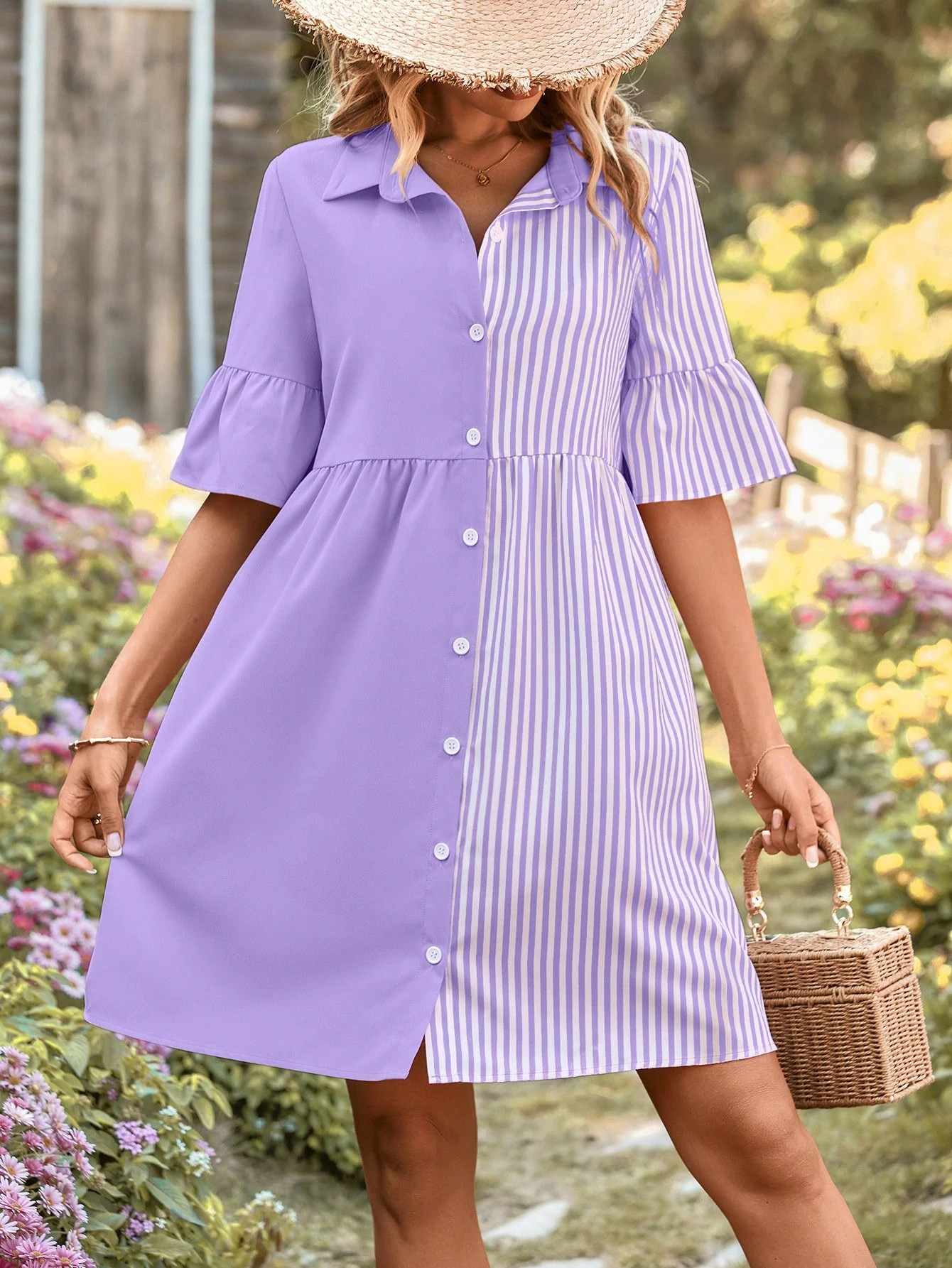 SHEIN VCAY Striped Print Flounce Sleeve Shirt Dress | SHEIN