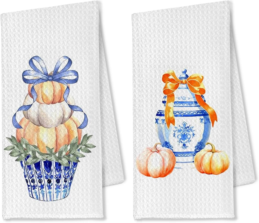 Fall Pumpkin Kitchen Towels Set of 2, Blue and White Porcelain Chinoiserie Pumpkin Decorative Han... | Amazon (US)