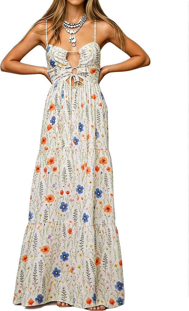 Womens Summer Floral Spaghetti Strap Backless Low Cut Smocked Milkmaid Flowy Beach Sundresses | Amazon (US)