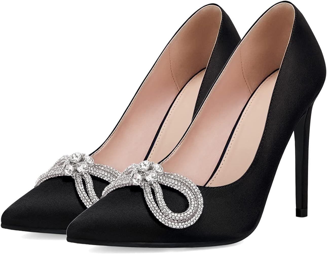 Coutgo Womens High Heels Rhinestone Bow Stiletto Pointed Toe Satin Dress Wedding Pumps Shoes | Amazon (US)