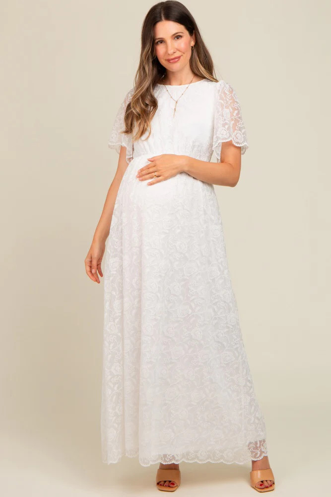 White Lace Sheer Lace Back Maternity Maxi Dress | PinkBlush Maternity