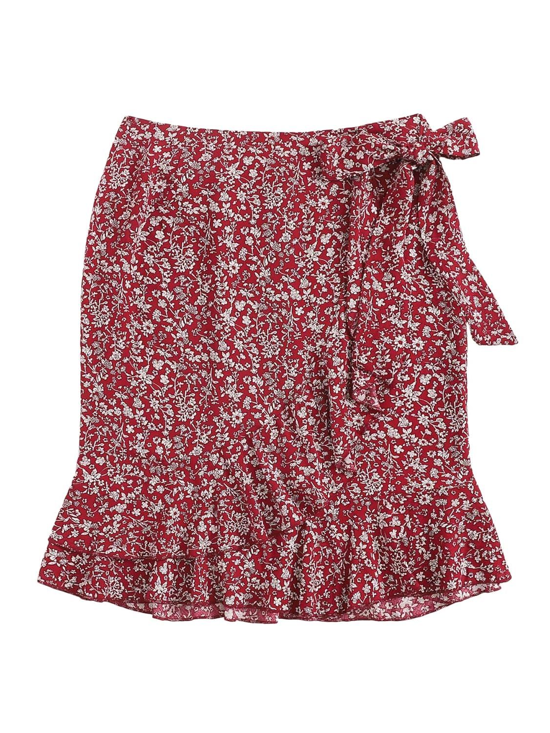 WDIRARA Women's Elegant Mid Waist Above Knee Ruffle Hem Casual Floral Skirt | Amazon (US)