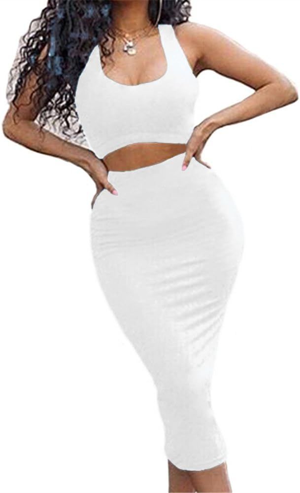 GOBLES Women's Sexy Summer Outfits Bodycon Tank Top Midi Skirt 2 Piece Dress | Amazon (US)