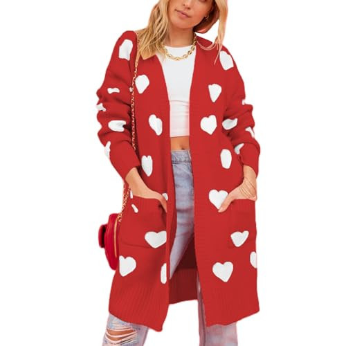 Womens Cardigan Sweaters Love Heart Print Open Front Cardigans Y2K Button Knitted Sweater Outerwear Valentines, Red, Small | Amazon (US)