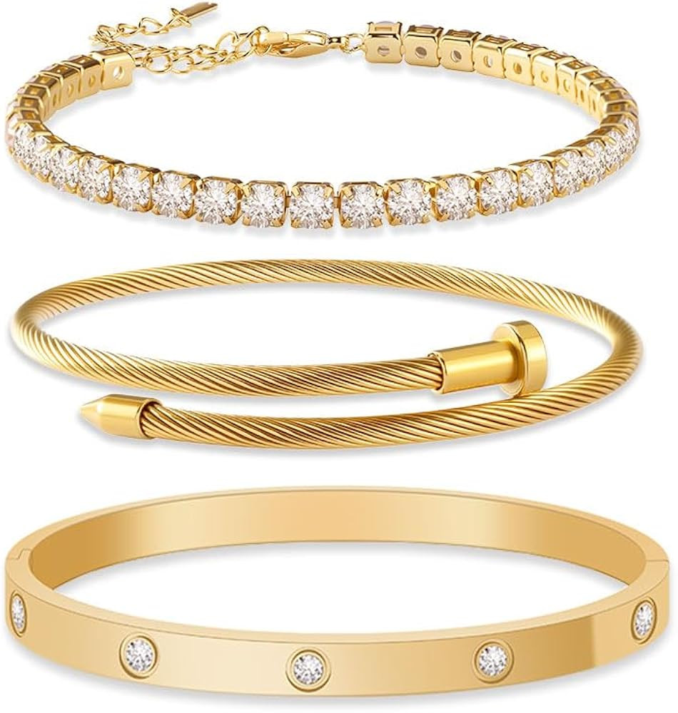 JUNVirtuous 3-Pack Gold Bracelets for Women,18K Gold Plated Bangle Tennis Bracelets Stack Set for... | Amazon (US)