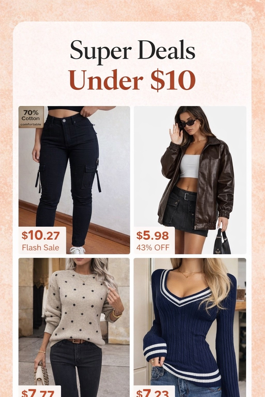 Under $10?! YES please 😍🔥

These fashion finds are giving expensive look for LESS. From the perfect cargo pants to cozy chic sweaters + that must-have faux leather jacket — all major steals right now.

✨ Flash sale pieces
✨ Up to 70% OFF
✨ Everyday elevated basics

Everything is linked here on my LTK so you can shop before prices go up 🛍️💸

#LTKSale #LTKUnder50 #LTKDeals #AffordableFashion #BudgetFinds

#LTKSaleAlert #LTKgrwm #LTKU