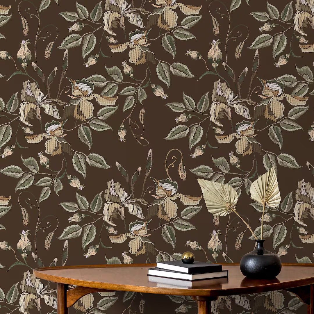 Brown Floral Wallpaper Vintage Garden Wallpaper Peel and Stick and Traditional Wallpaper D870 - E... | Etsy (US)