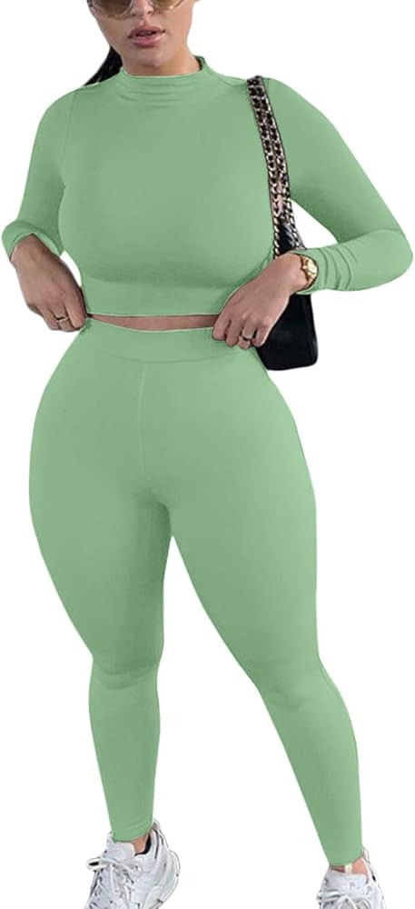 Mulisky Women’s Casual 2 Piece Outfits Sexy Bodycon Long Sleeve Crop Top with Long Pants Tracksuit S | Amazon (US)