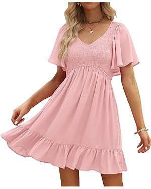 LILLUSORY Women's Flowy Casual Mini Dresses 2024 Summer Smocked V Neck Flutter Sleeve Ruffle Dres... | Amazon (US)