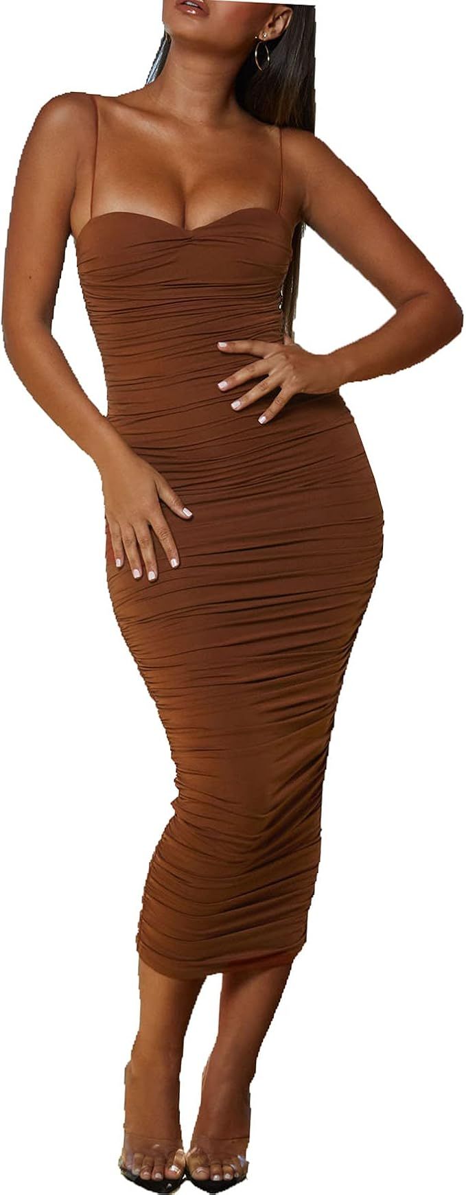 Forlisea Women's Sexy Ruched Bodycon Maxi Dress Spaghetti Strap Sleeveless Long Party Club Dress | Amazon (US)